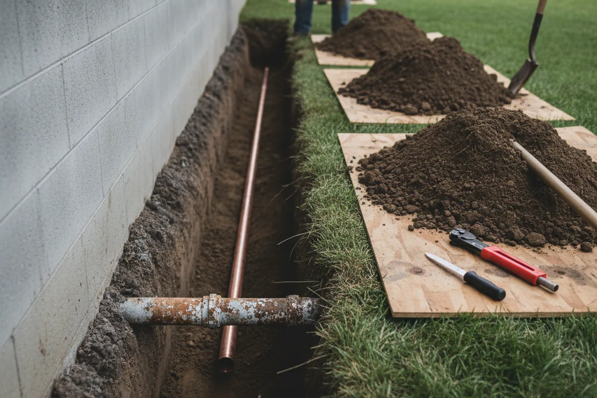 Excavated water line trench during Water Heater Repair in East Quogue
